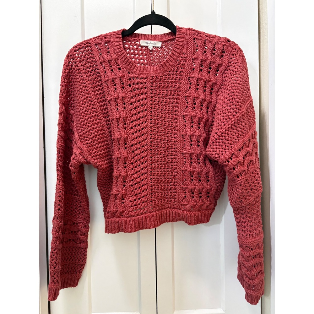 Madewell Red Crochet Knit Cotton Sweater Crewneck Long Sleeve Boxy Crop Medium